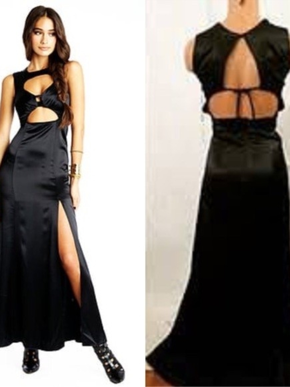 Reformation Black Satin Backless Cutout Gown